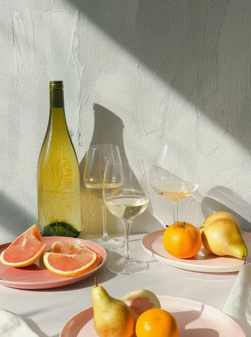 Nature morte : bouteille de vin et agrumes sur fond clair