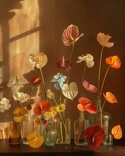 Composition de fleurs colorées dans des vases en verre, baignées par une lumière dorée de fin de journée sur fond mural texturé
