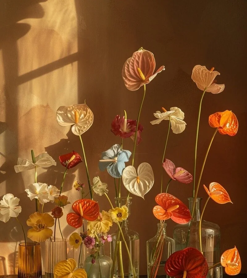 Composition de fleurs colorées dans des vases en verre, baignées par une lumière dorée de fin de journée sur fond mural texturé